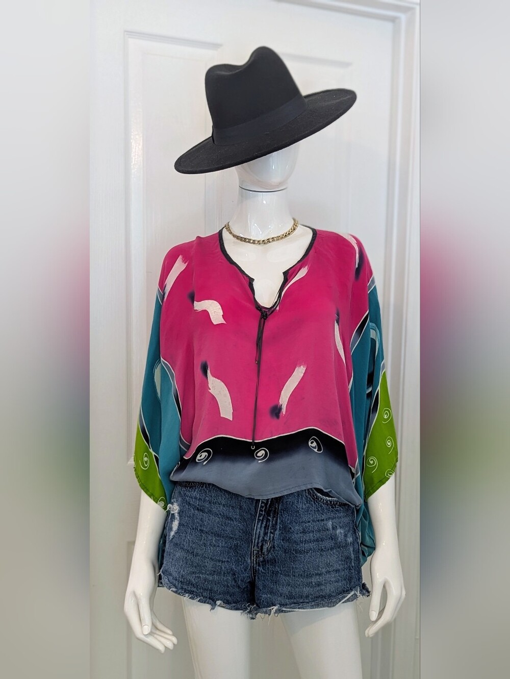 Shekina 100% Silk  Colorblock V-Neck Blouse  Fuchsia Teal Color Tide Dye Small